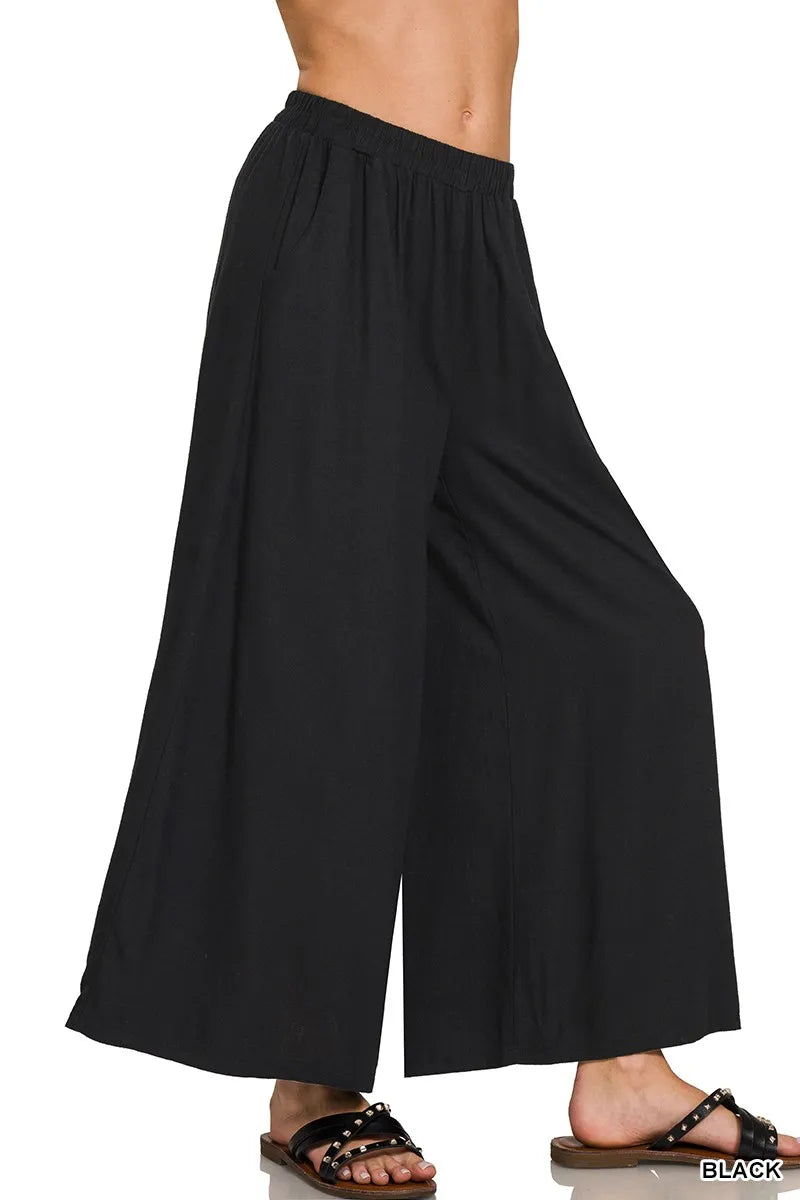 Zenana Woven Pleated Linen Blend Wide Leg Pants