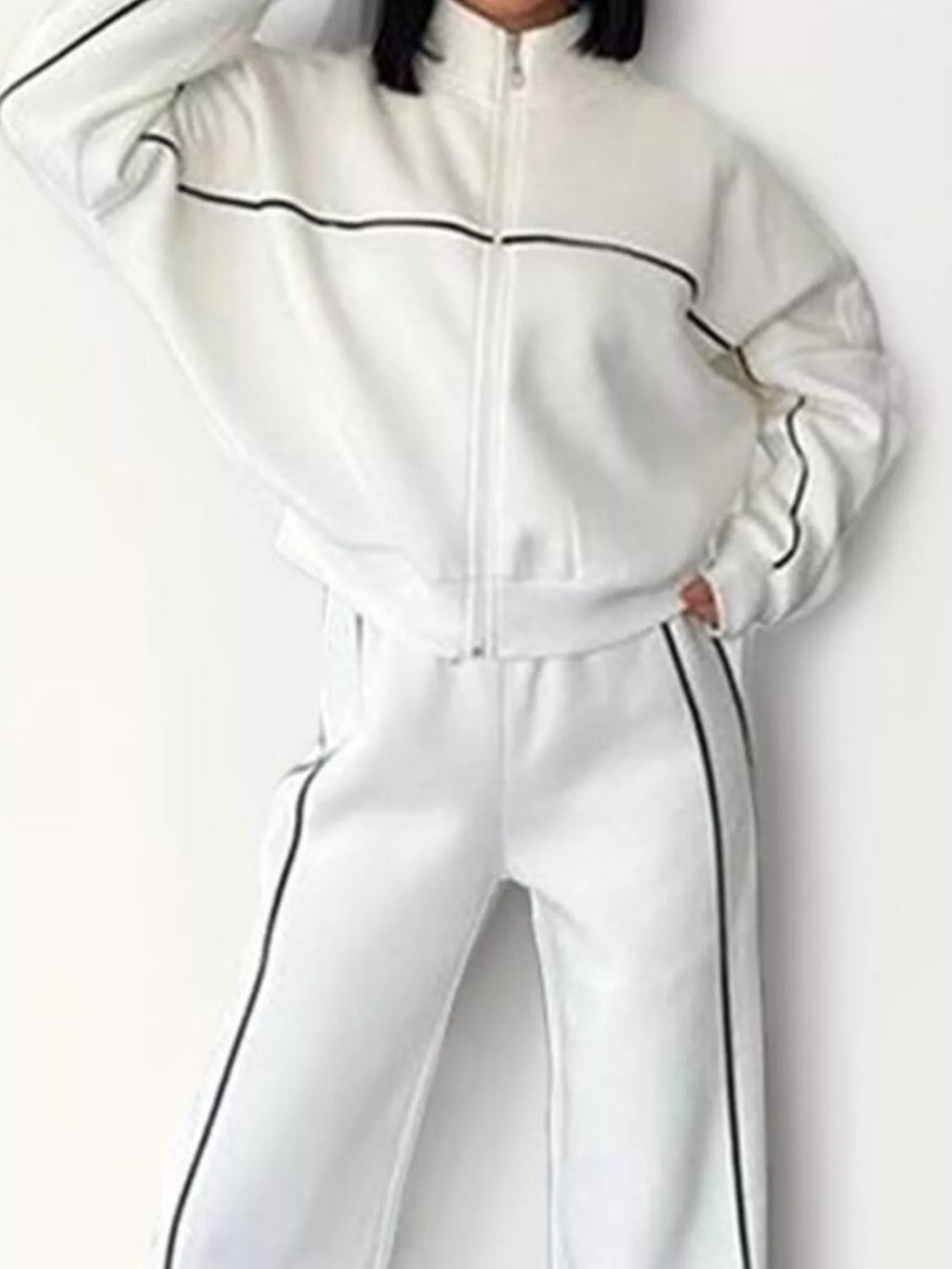 Full Size Zip Up Long Sleeve Top and Pants Set Plus Size