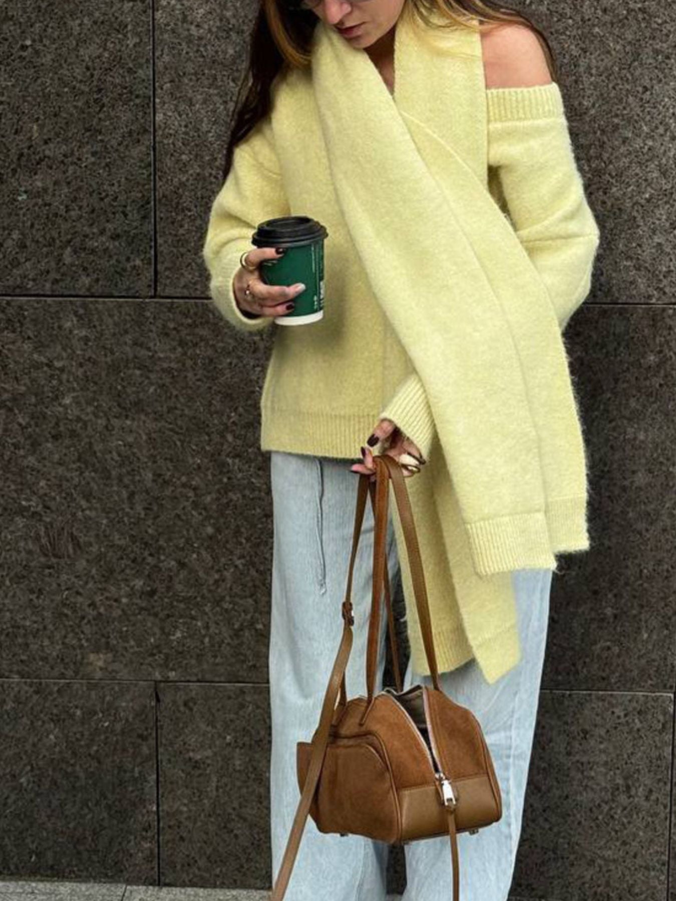 Oversized V-Neck Dropped Shoulder Sweater with Scarf