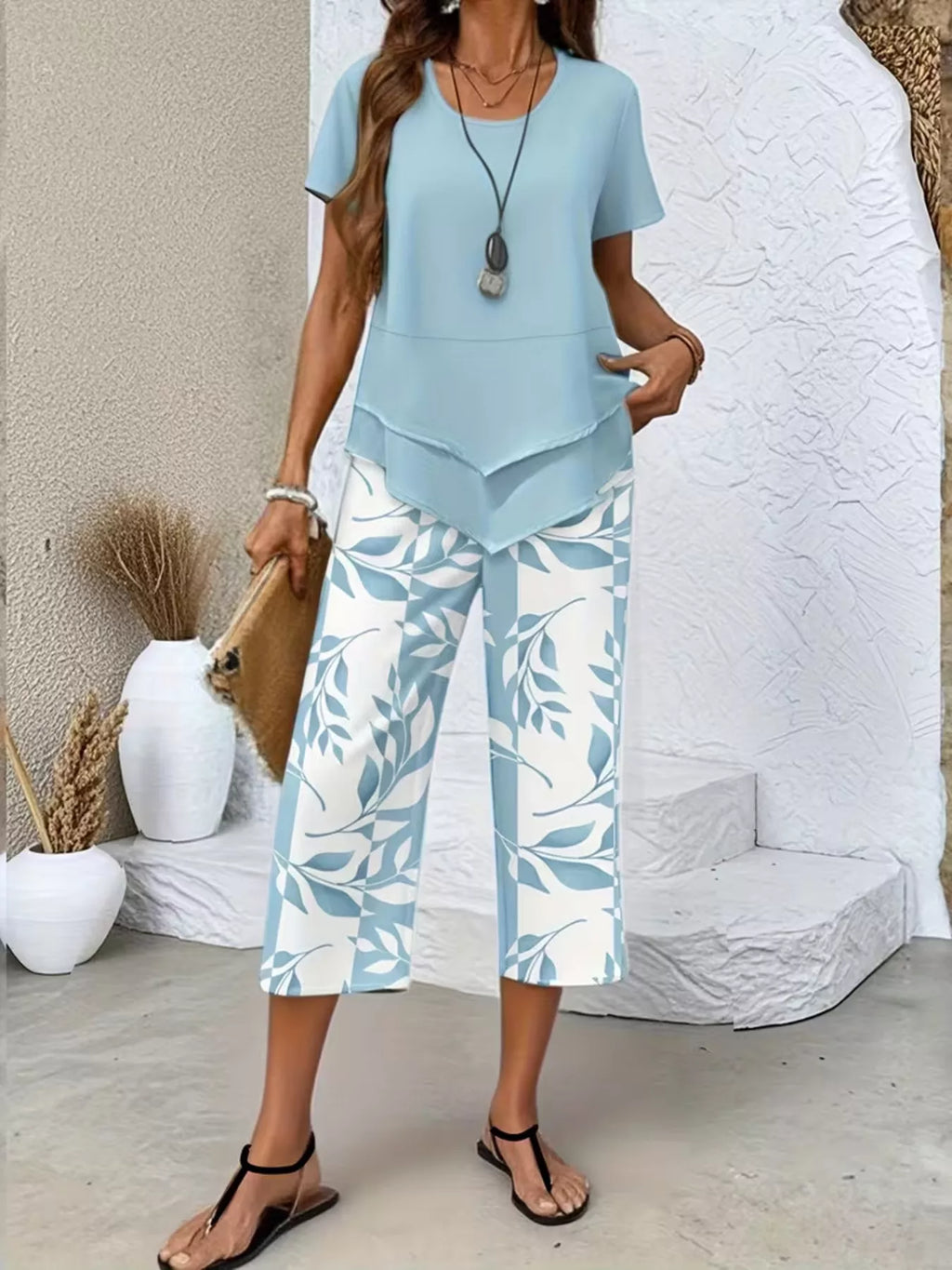 Layered Top and Leaf Print Cropped Pants Set
