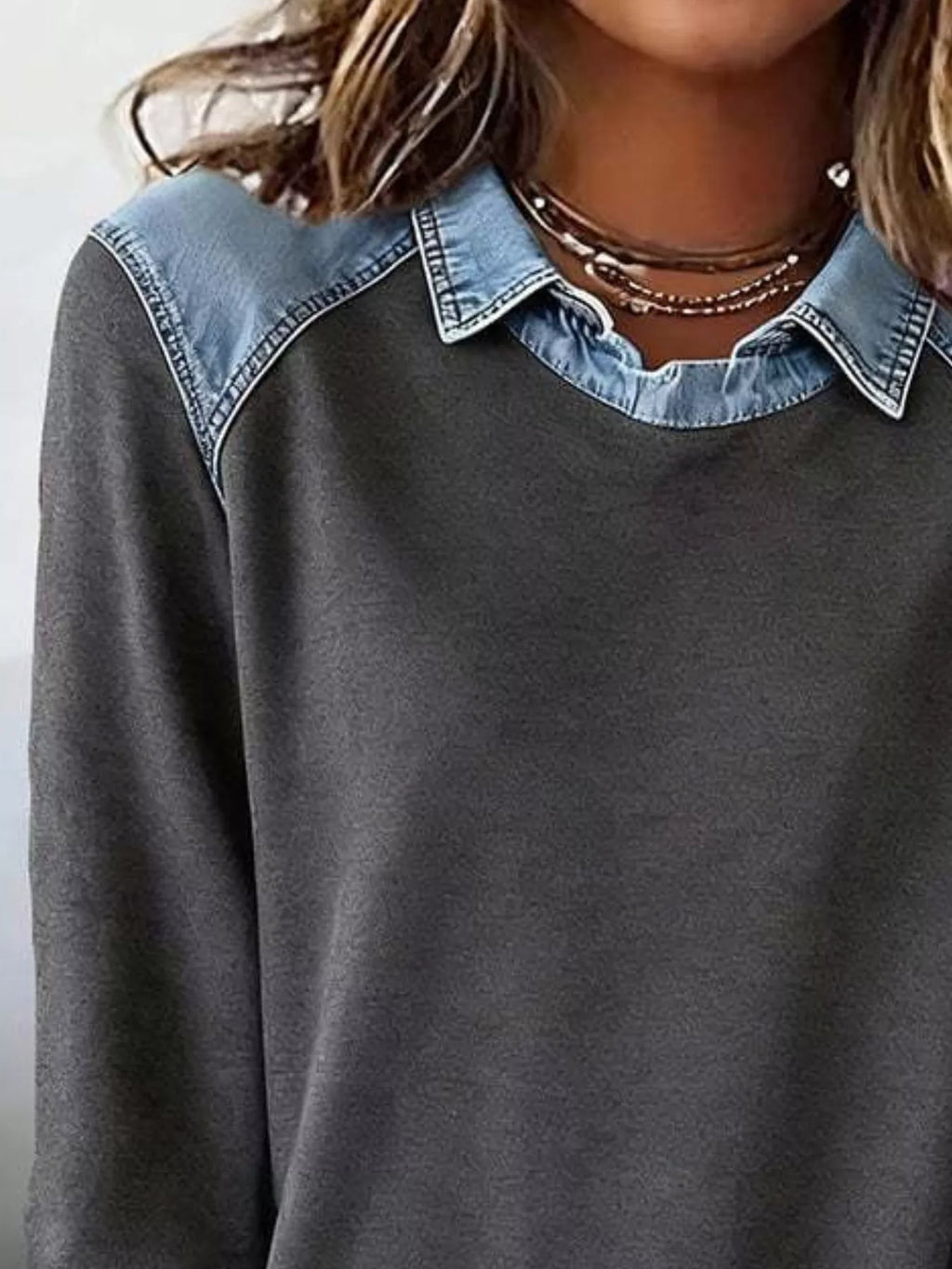 Full Size Denim Trim Long Sleeve Top Plus Size