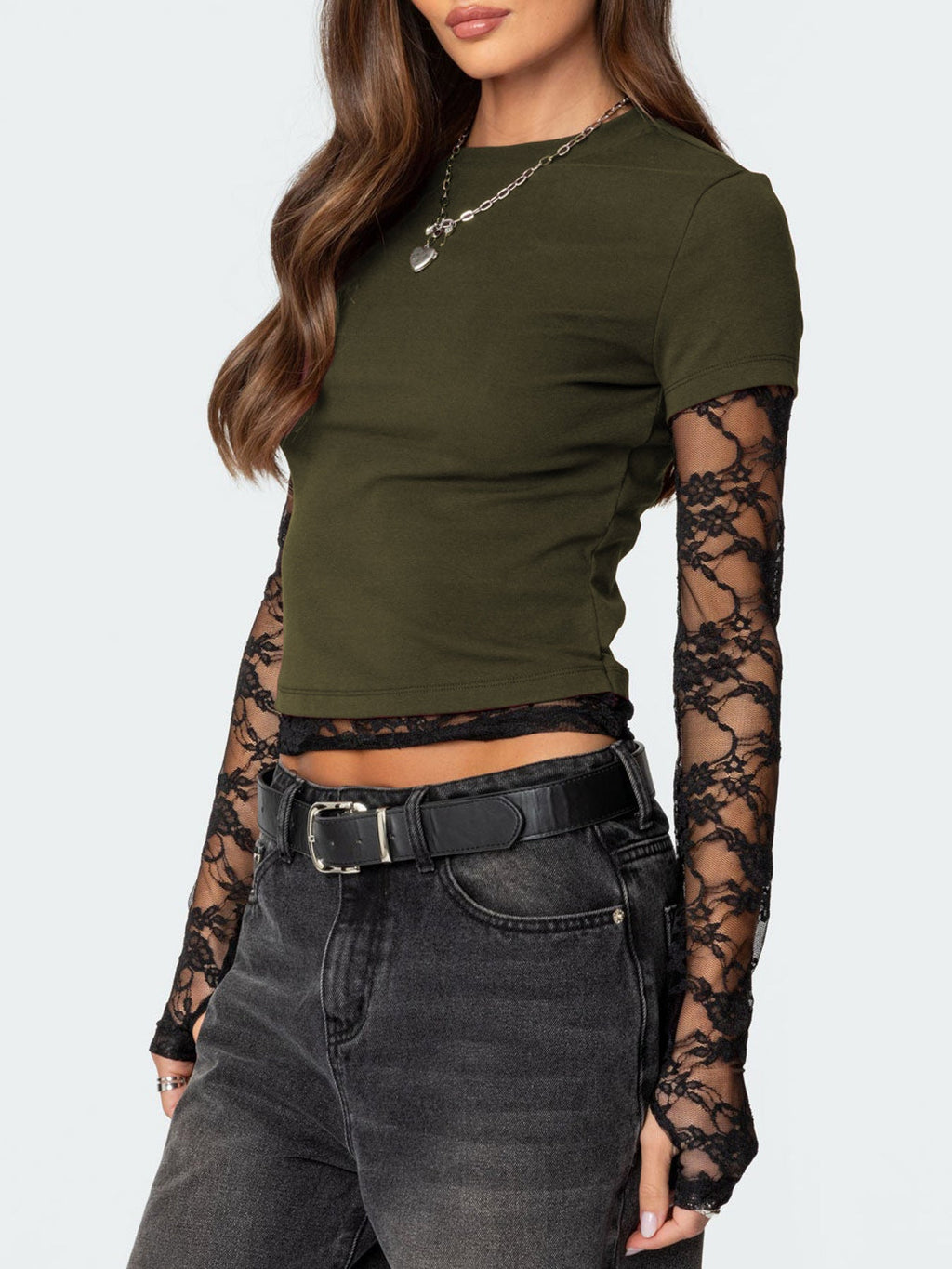 Lace Sleeve Fitted T-Shirt