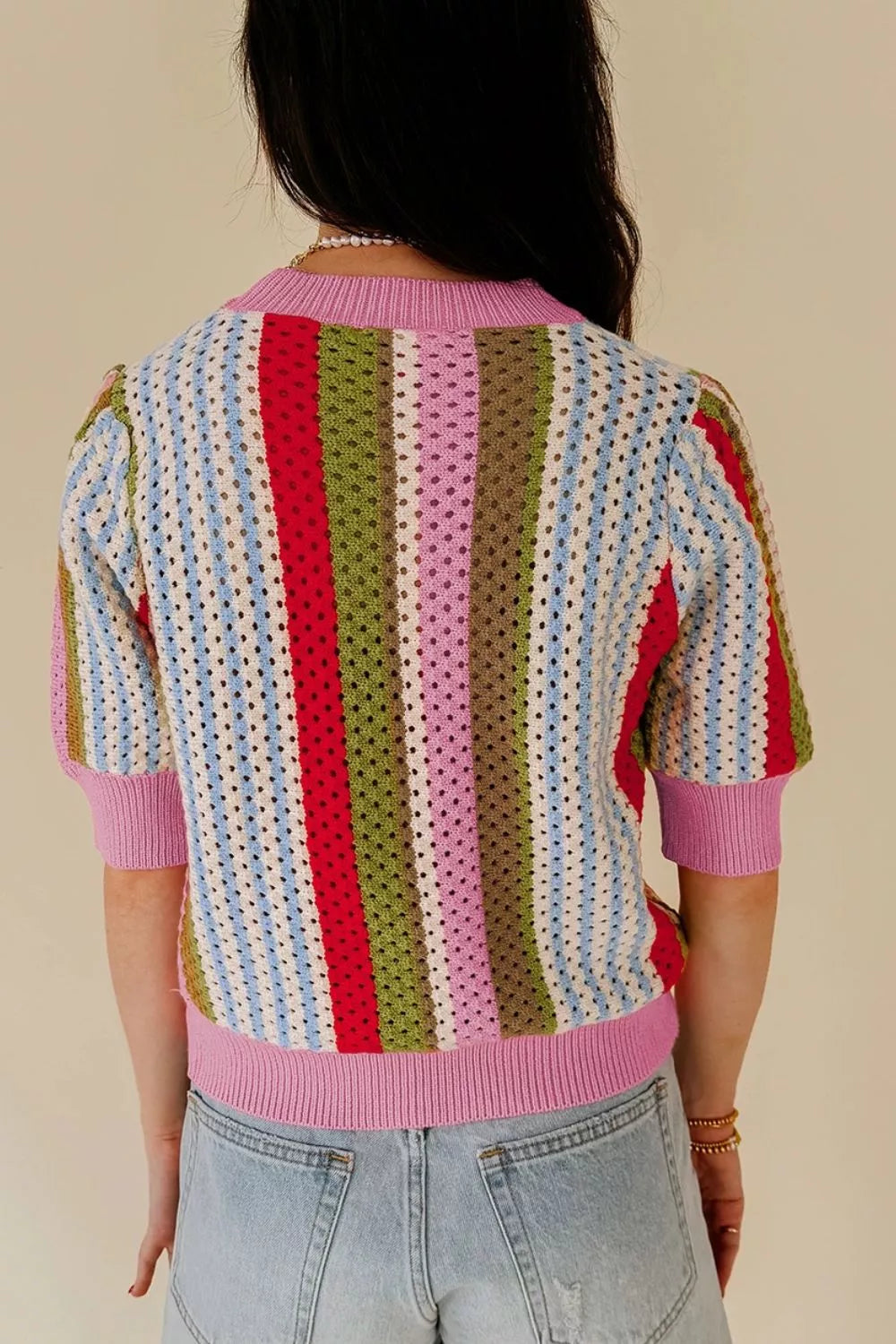 Color Block Short Sleeve Striped Crochet Knit Top