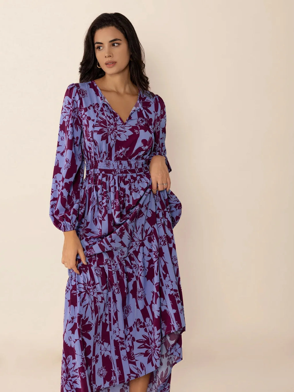 Printed Tie Neck Balloon Sleeve Maxi Dress