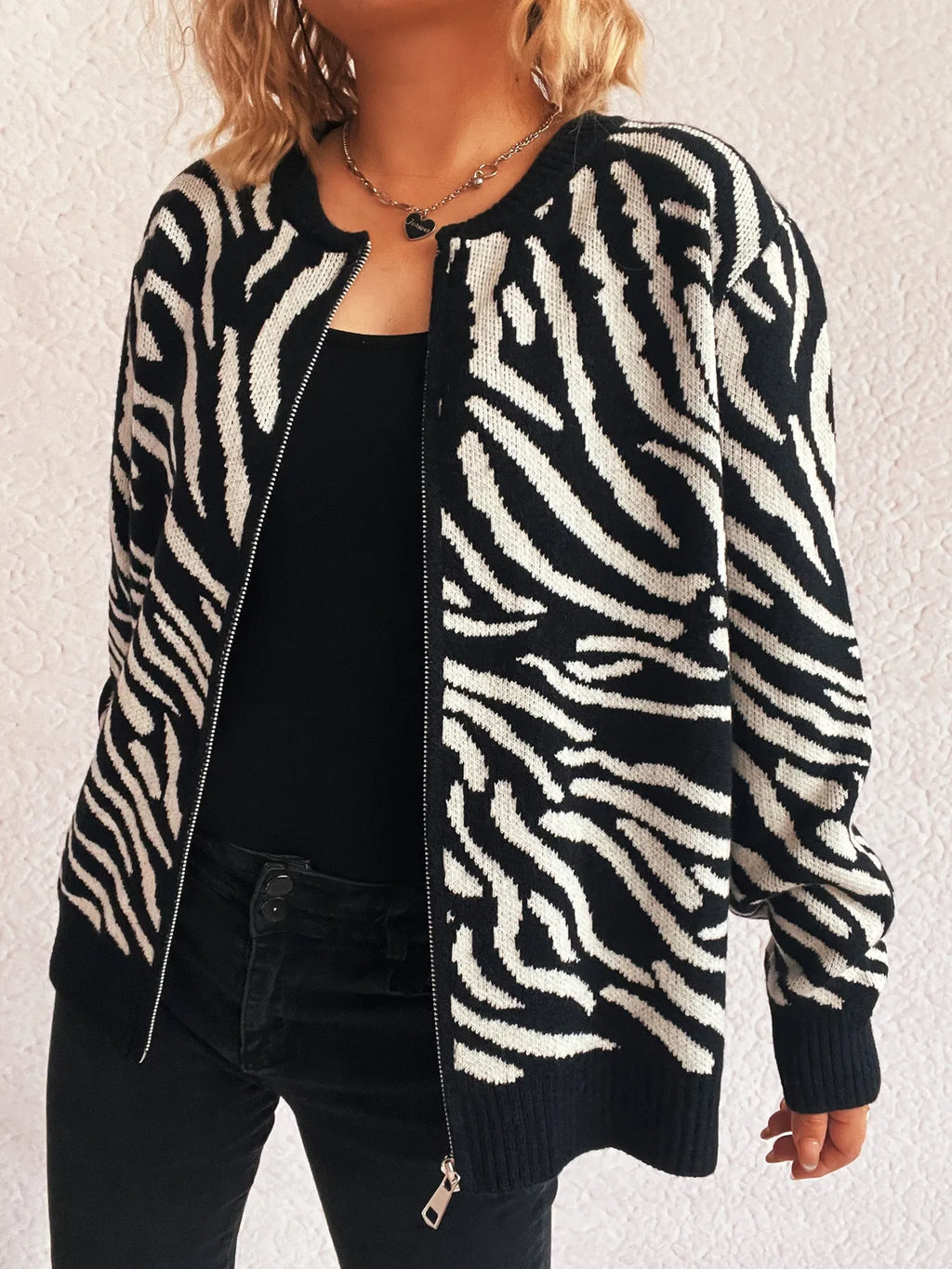 Zebra Print Zip Up Cardigan