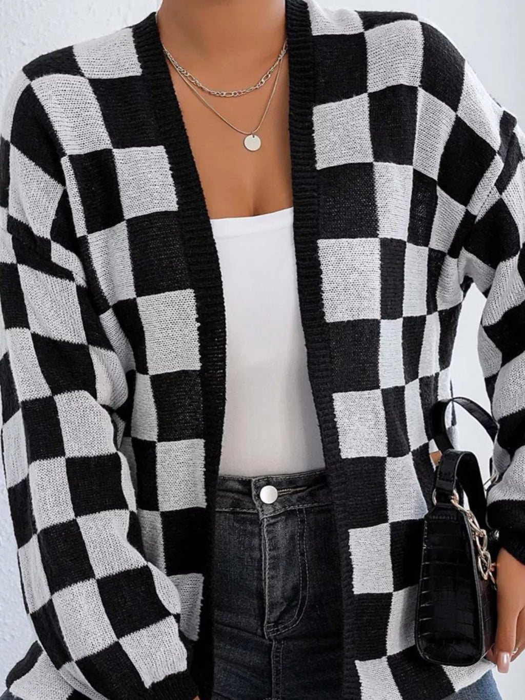 Checkerboard Pattern Open Front Knit Cardigan
