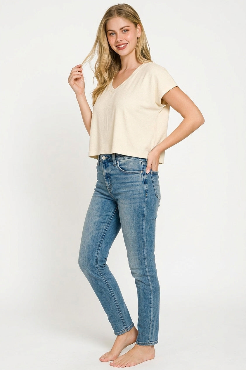 Zenana Soft Melange V-neck Drop Shoulder Cropped Top