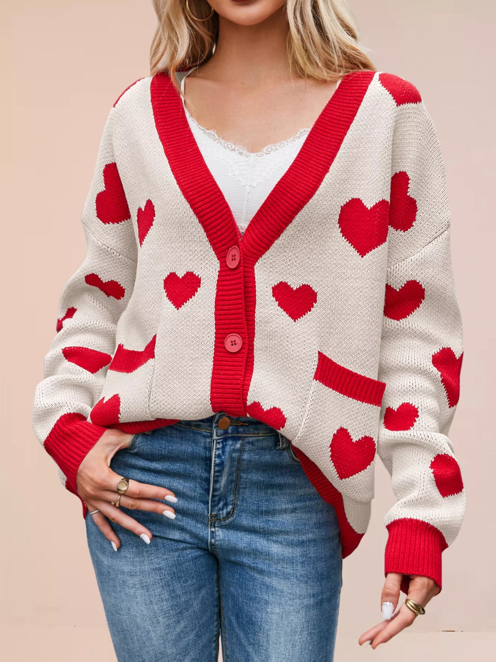 Heart Pattern Button-Up Knit Cardigan