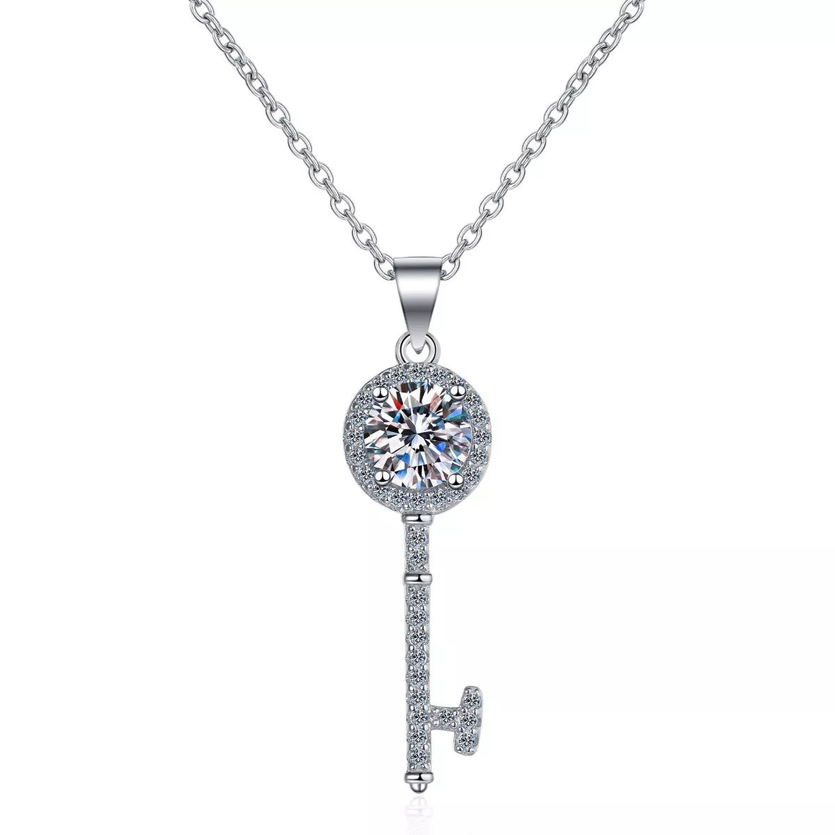 1 Carat 925 Sterling Silver Moissanite Key Pendant Necklace