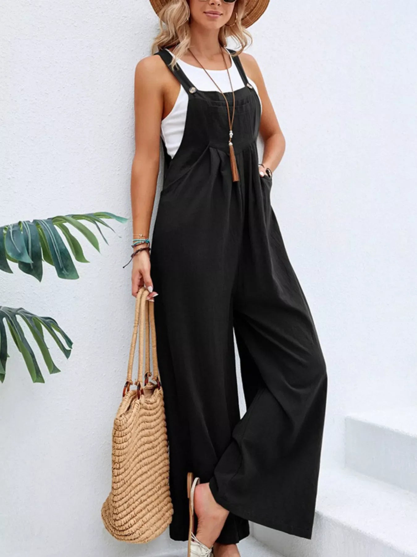 Full Size Casual Wide-Leg Overalls with Pockets Plus Size