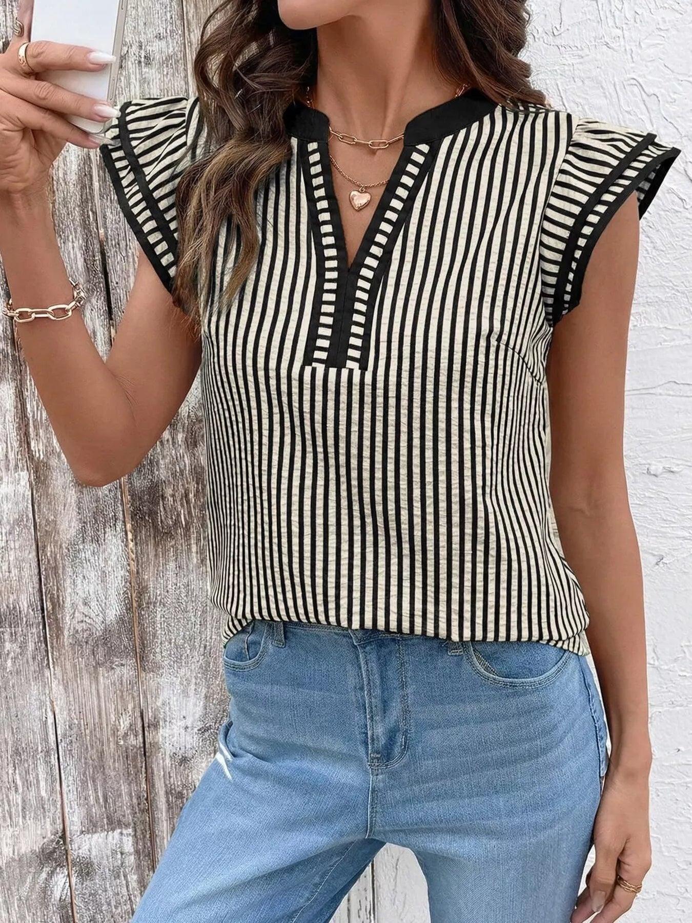 Striped Ruffle Sleeve Blouse