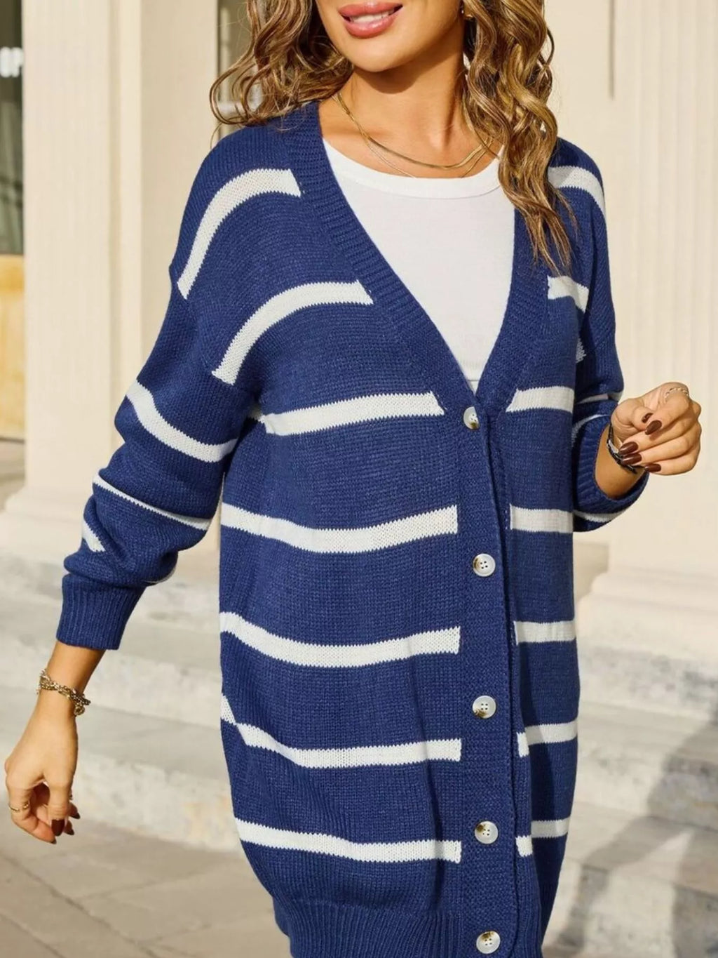 Striped Button-Down Knit Cardigan