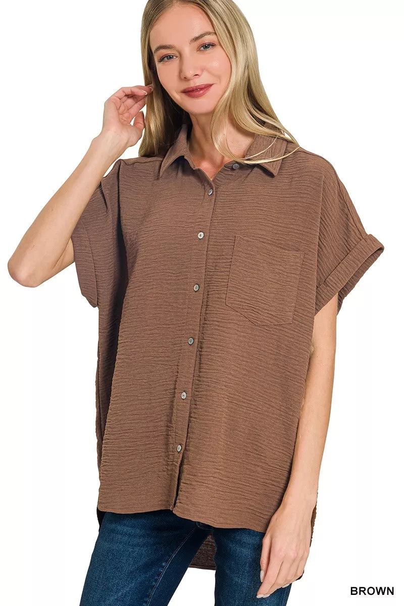 Zenana Woven Airflow Button Down Shirt
