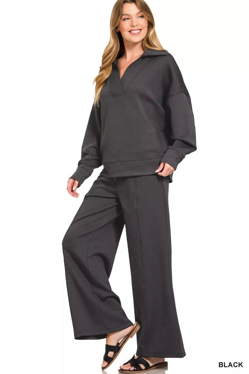 Zenana Scuba Collared Pullover & Center Seam Pants Set
