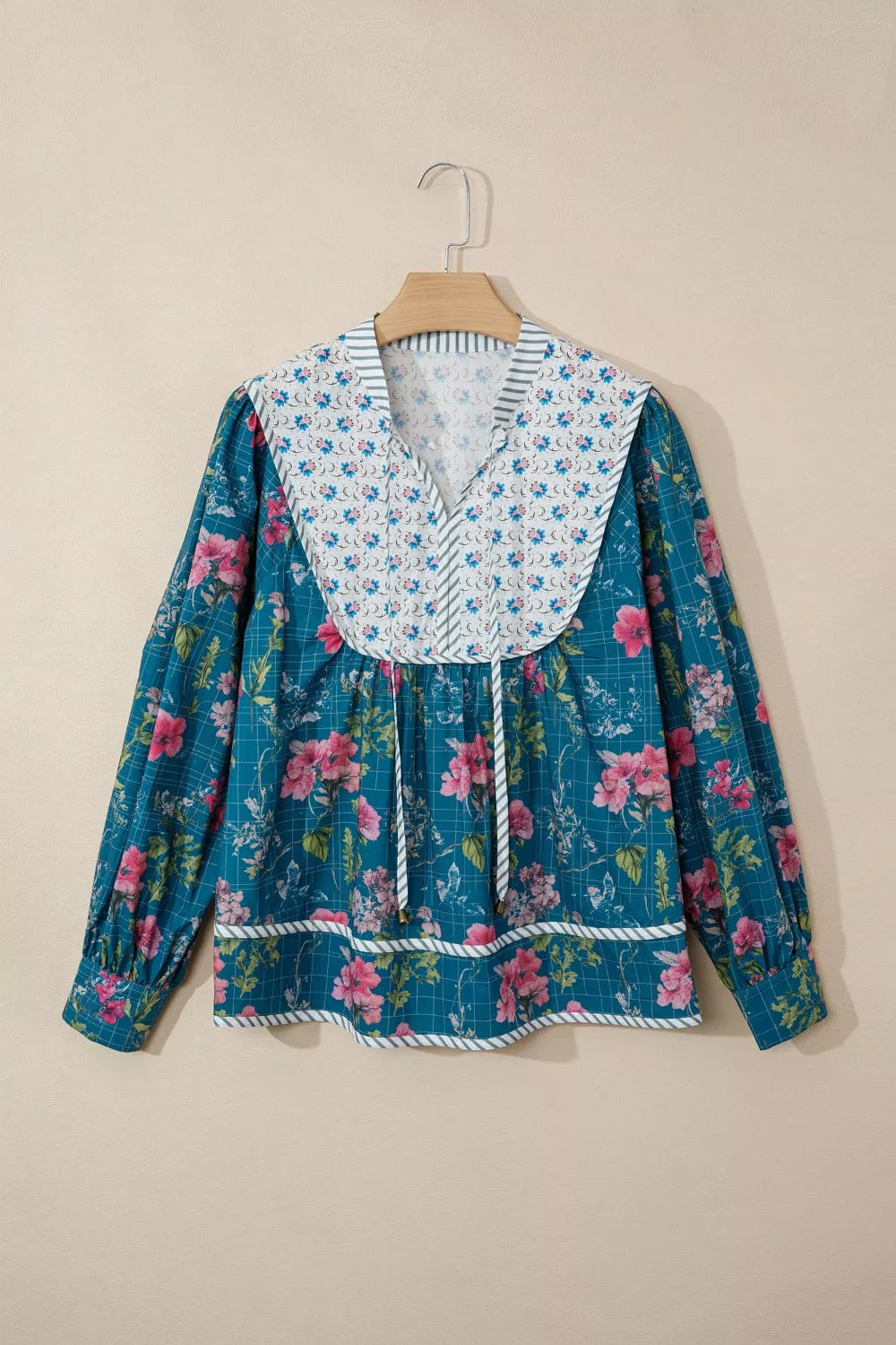 Floral Print Contrast Yoke Patchwork Striped Trim Long Puff Sleeve Blouse