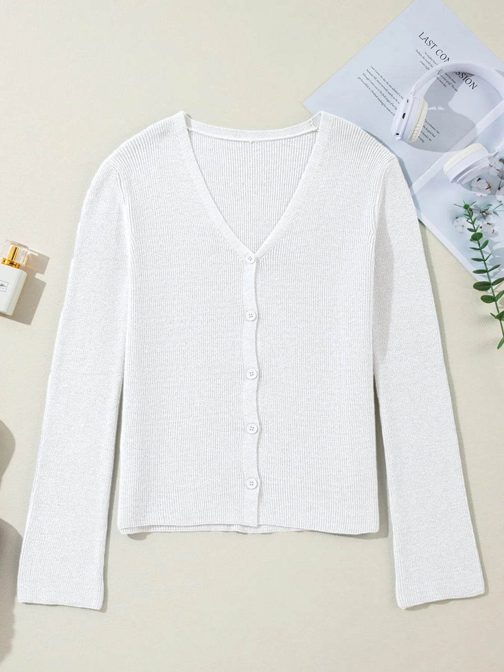 Ribbed Knit Button Front V Neck Cardigan