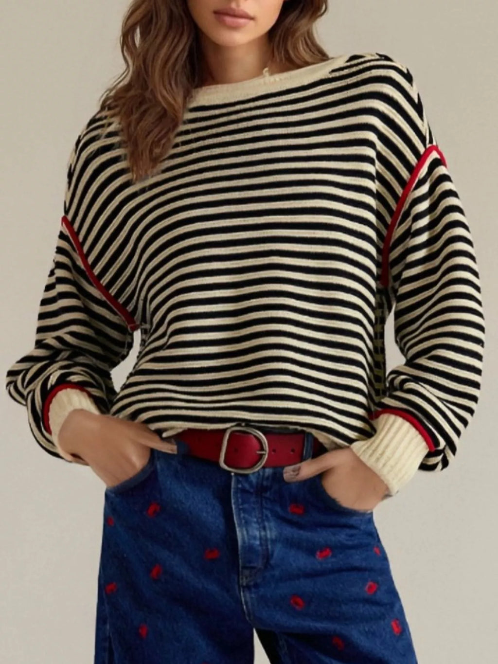 Striped Round Neck Long Sleeve Sweater