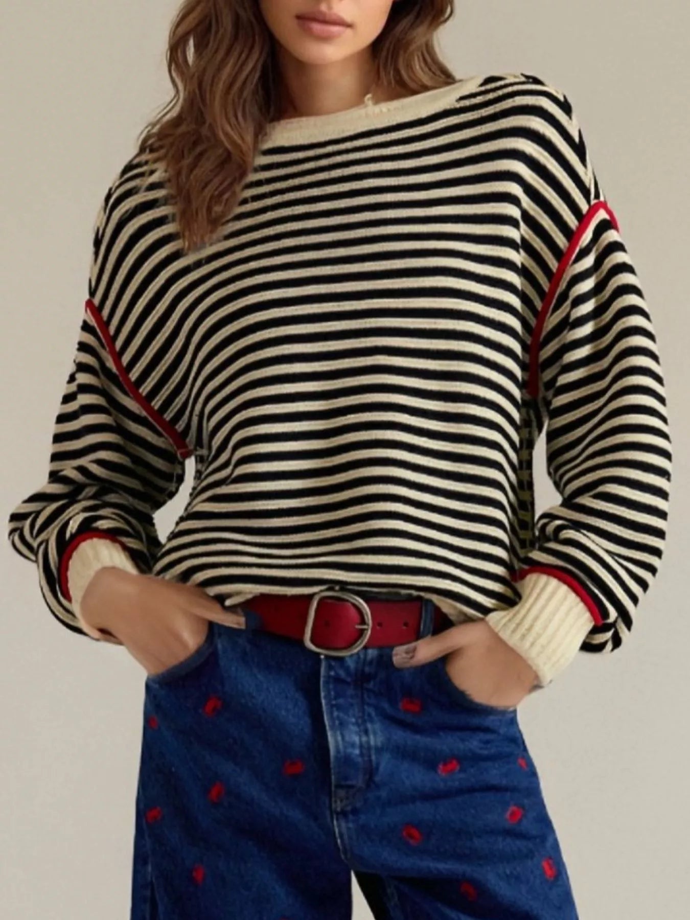 Striped Round Neck Long Sleeve Sweater