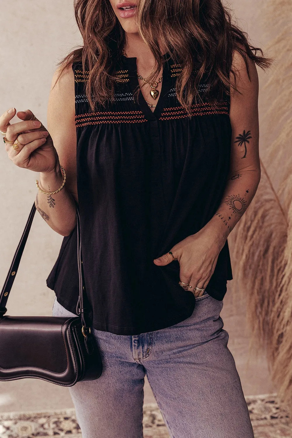 Boho Embroidered Sleeveless V-Neck Blouse