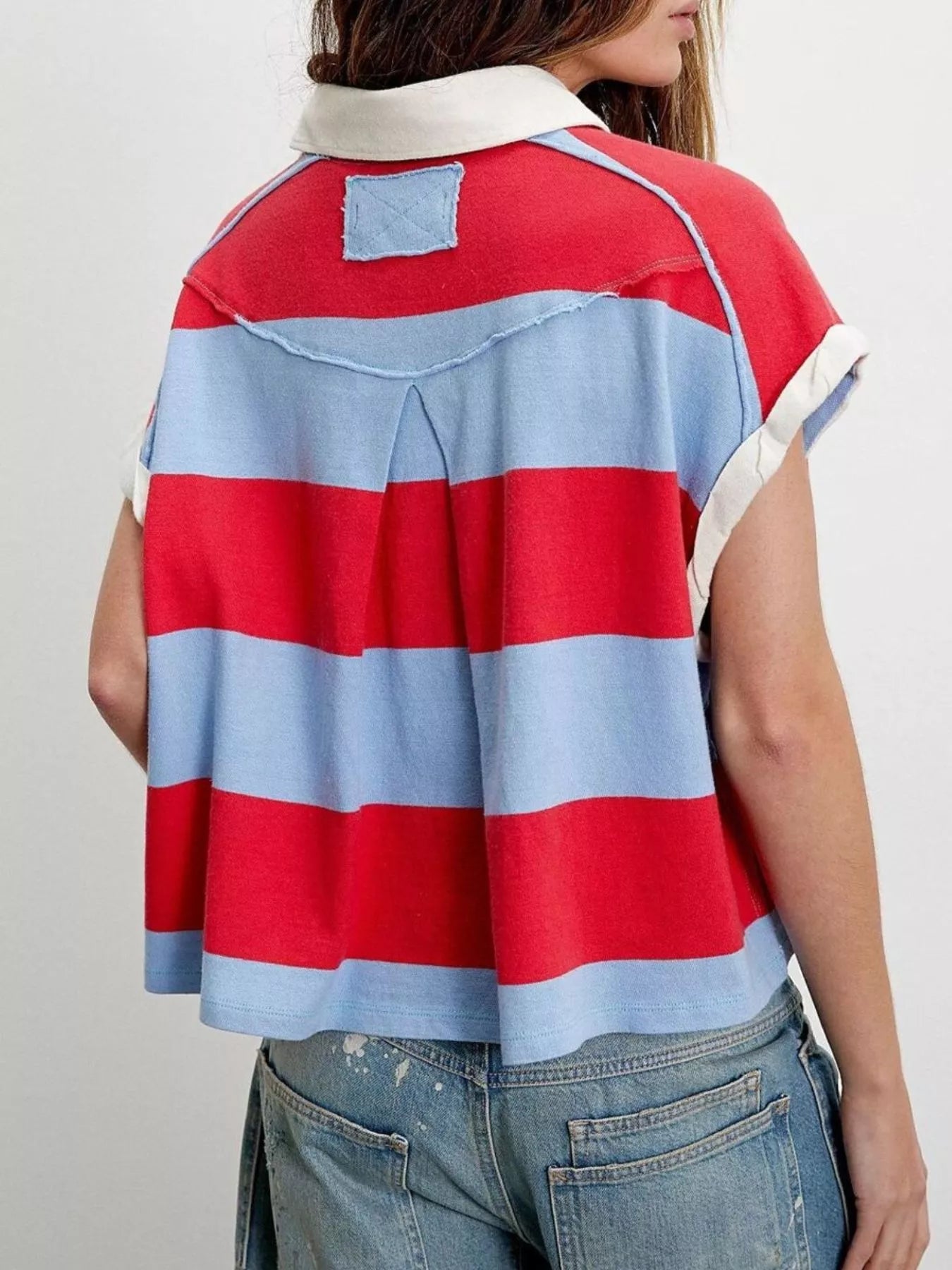 Half Button Striped Short Sleeve Cropped Polo Shirt