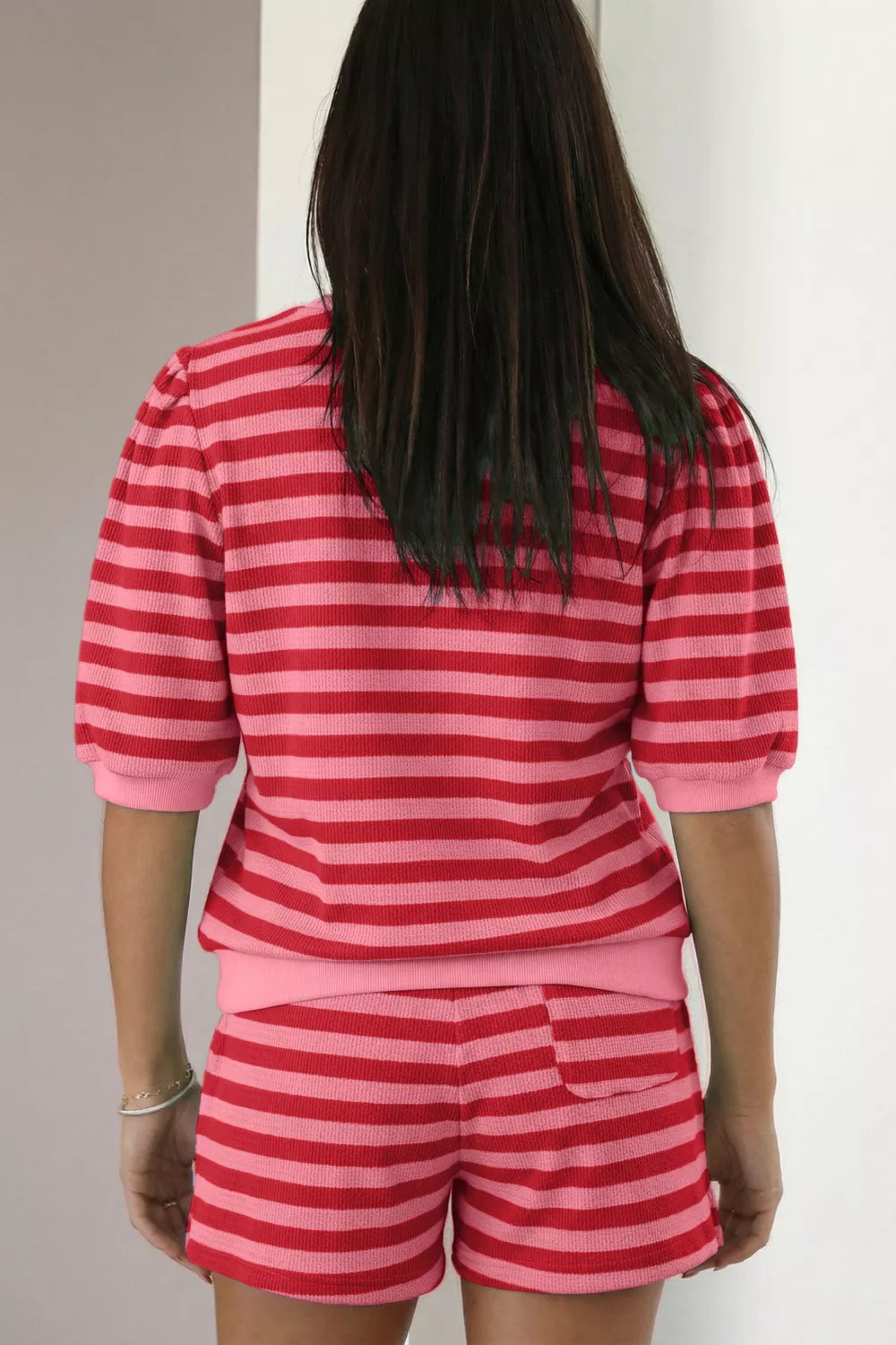 Striped Round Neck Top and Shorts Set