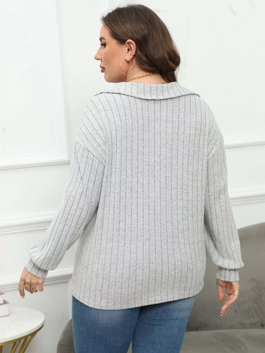 Plus Size Ribbed Knit Polo Collar T-Shirt