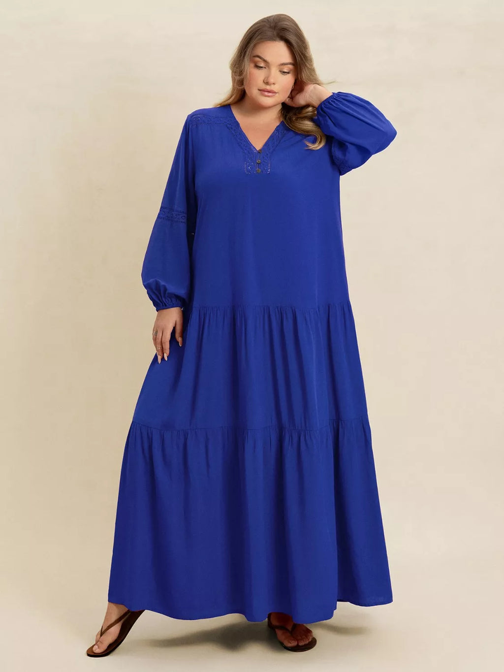 Plus Size Bohemian Tiered Maxi Dress with Balloon Sleeves
