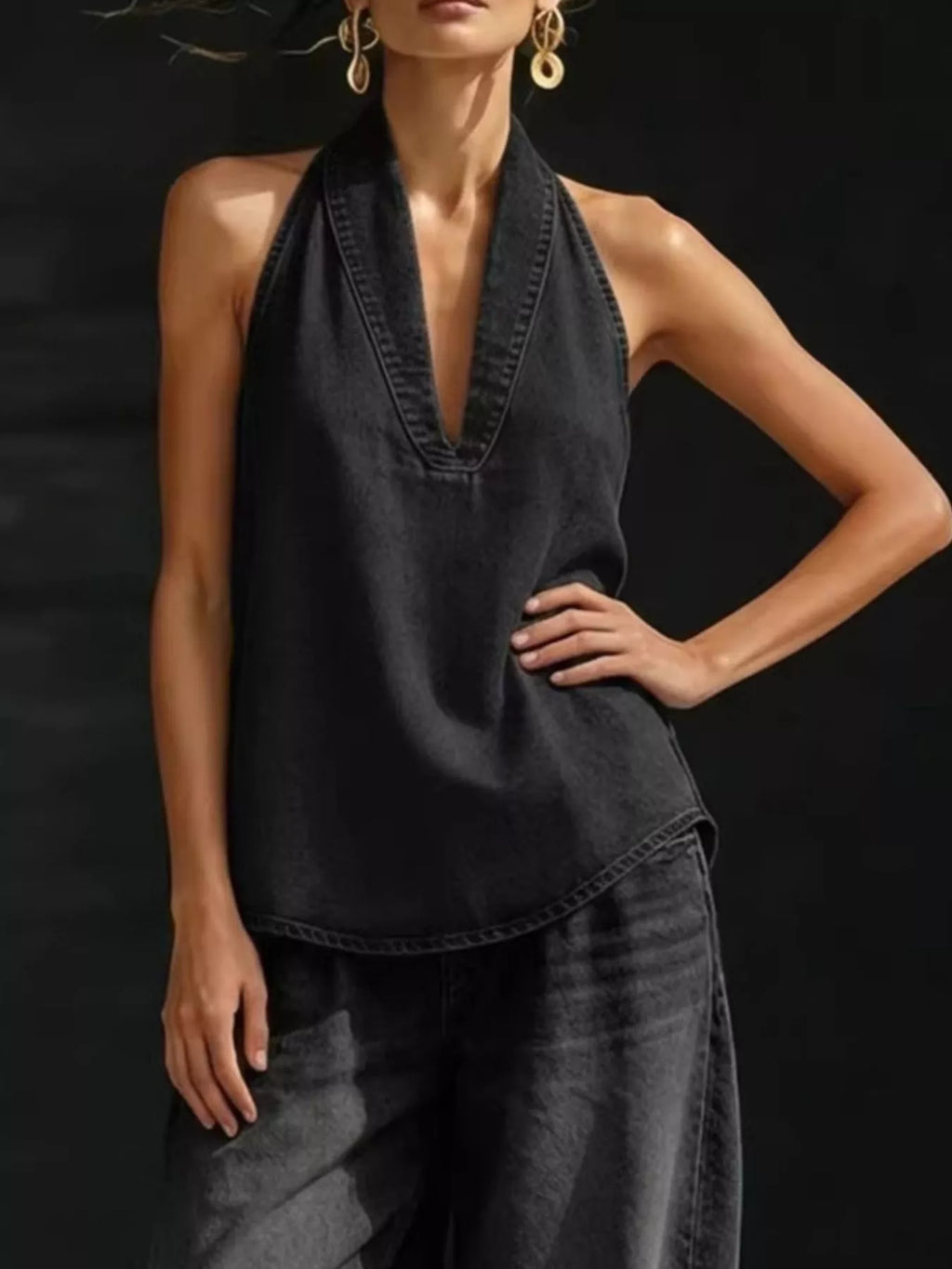 Full Size Halter Neck Top and Wide Leg Pants Plus Size