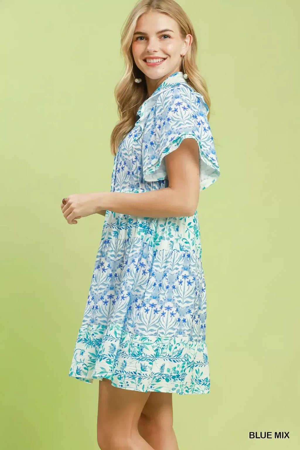 Umgee Mixed Floral Tiered Mini Dress with Flutter Sleeves
