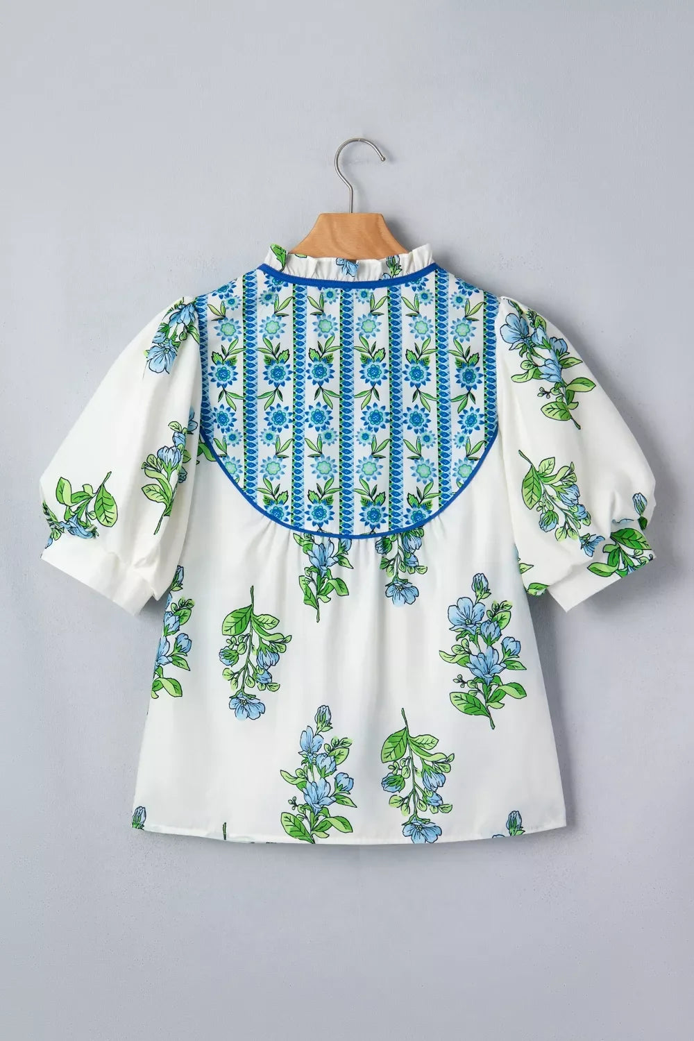 Floral Print Contrast Trim Tie Neck Blouse