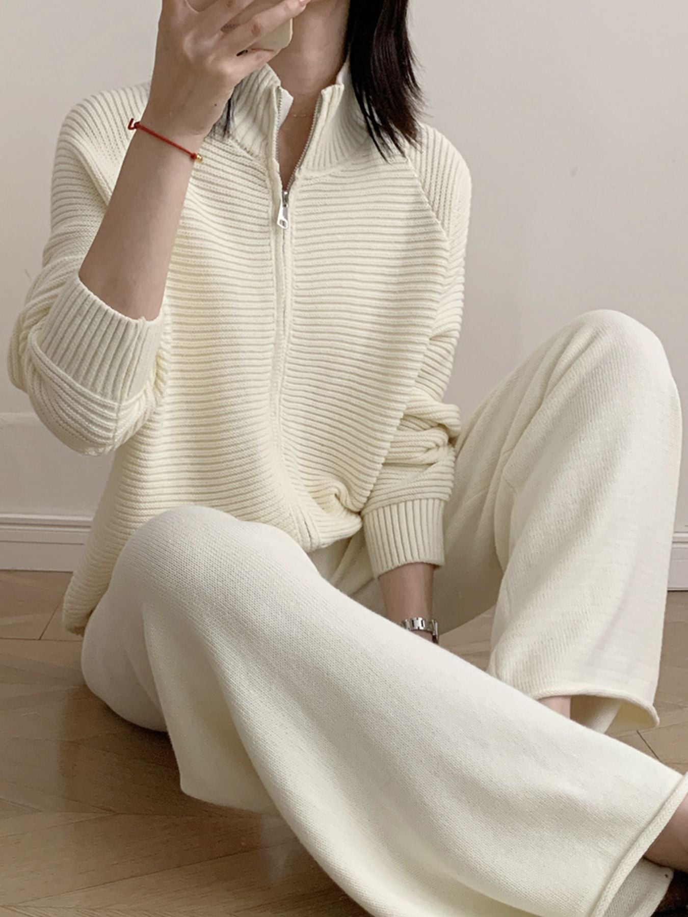 Casual Knit Zip-Up Cardigan and Wide-Leg Pants Set