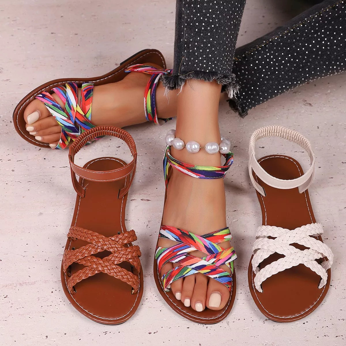 Open Toe Braided Strap Sandals