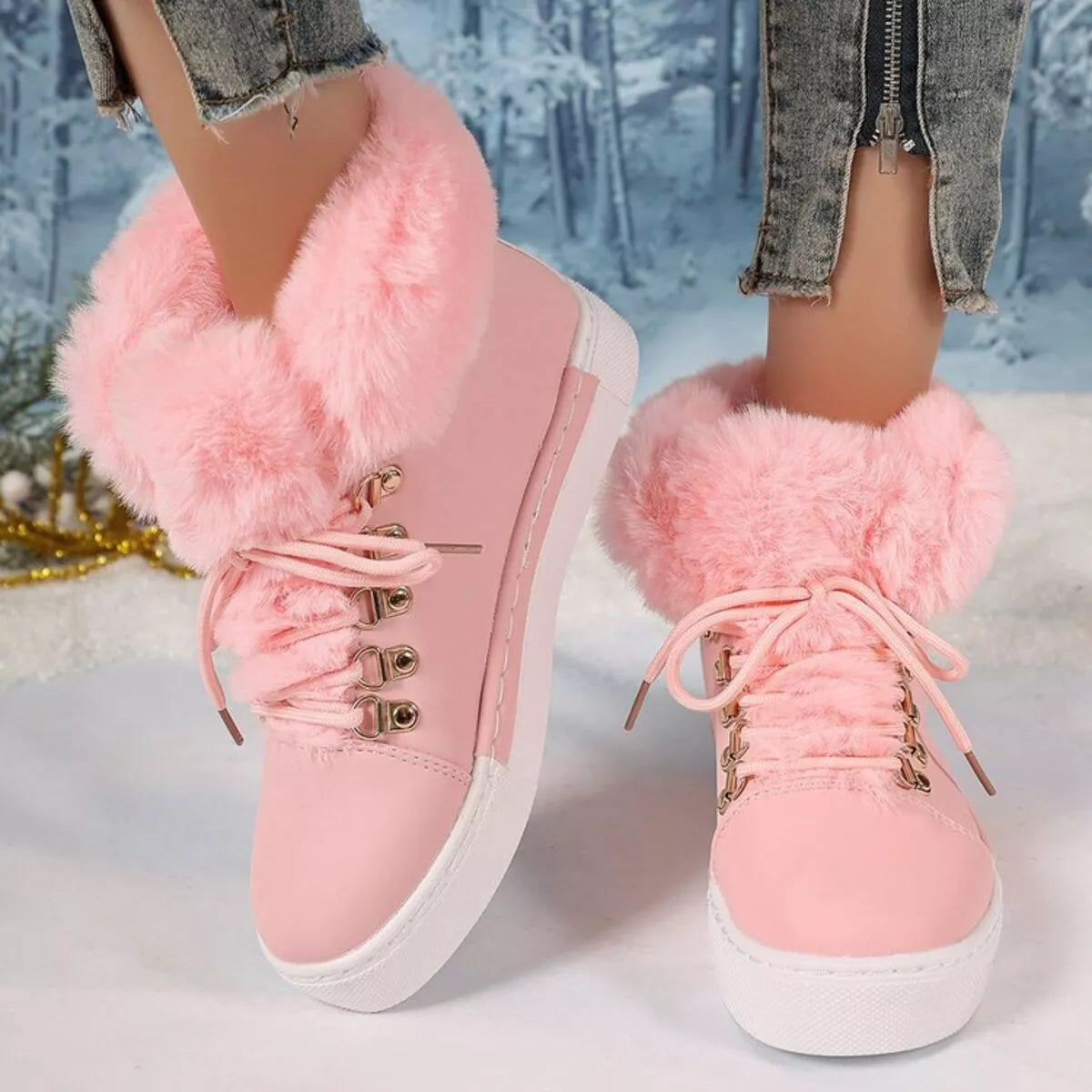Fuzzy Trim Lace-Up Ankle Boots