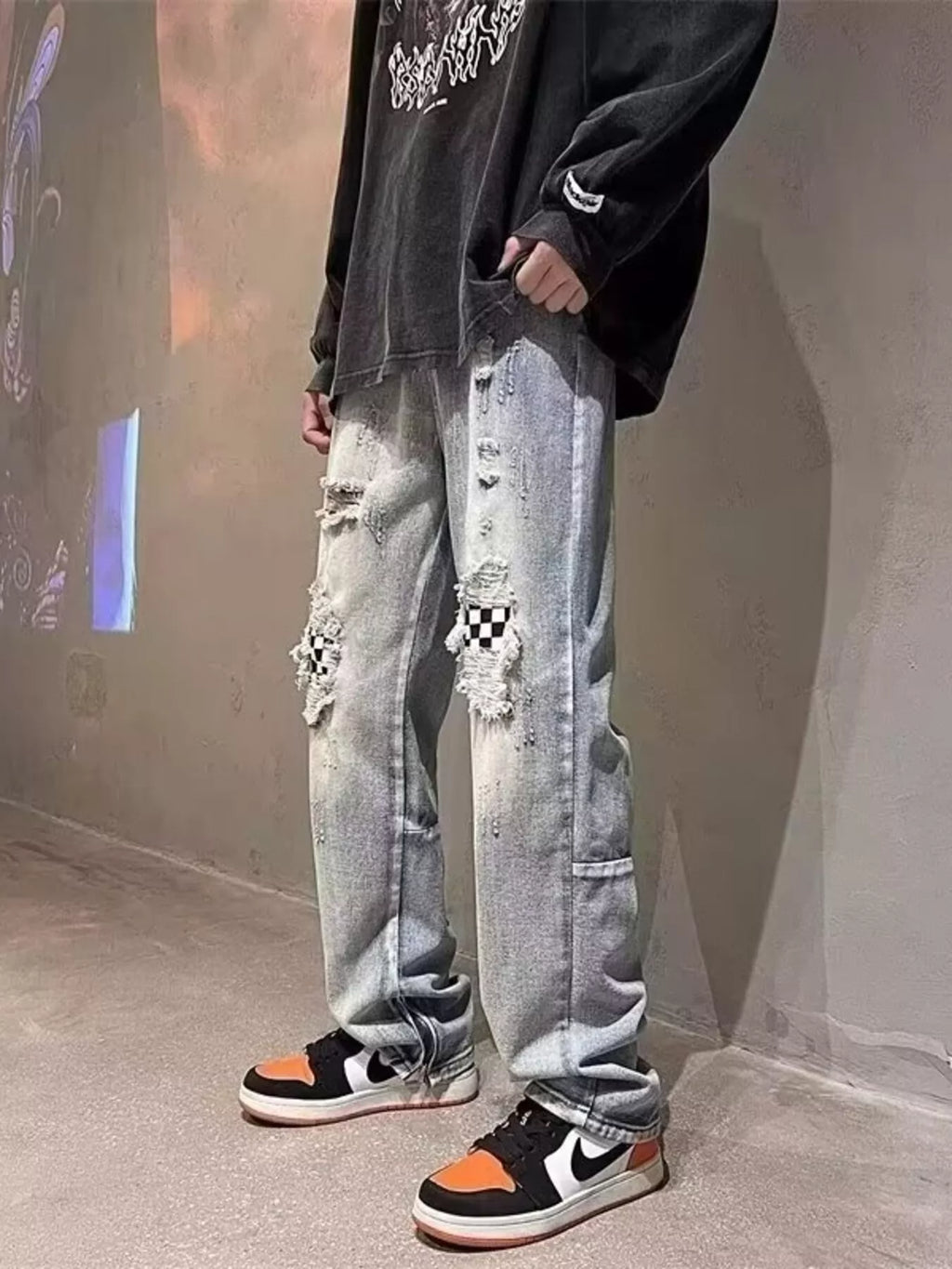Men's Full Size Ripped Checkerboard Patchwork Jeans Plus Size