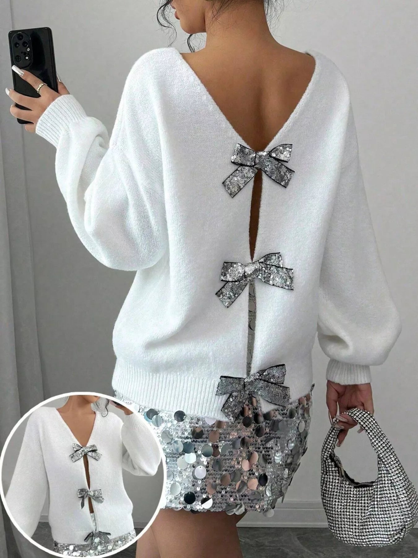 Bow-Decor Dropped Shoulder Knit Cardigan