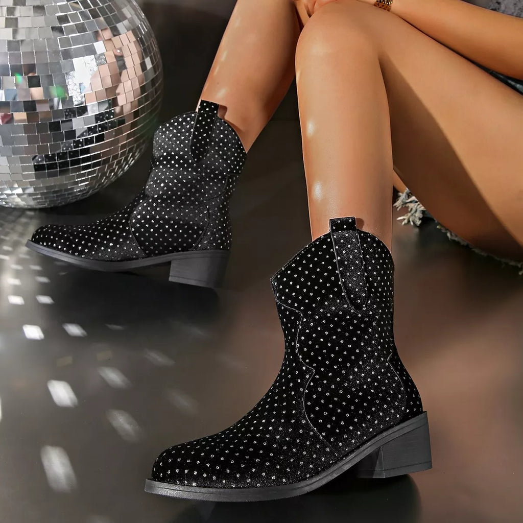 Sparkling Point Toe Block Heels Boots