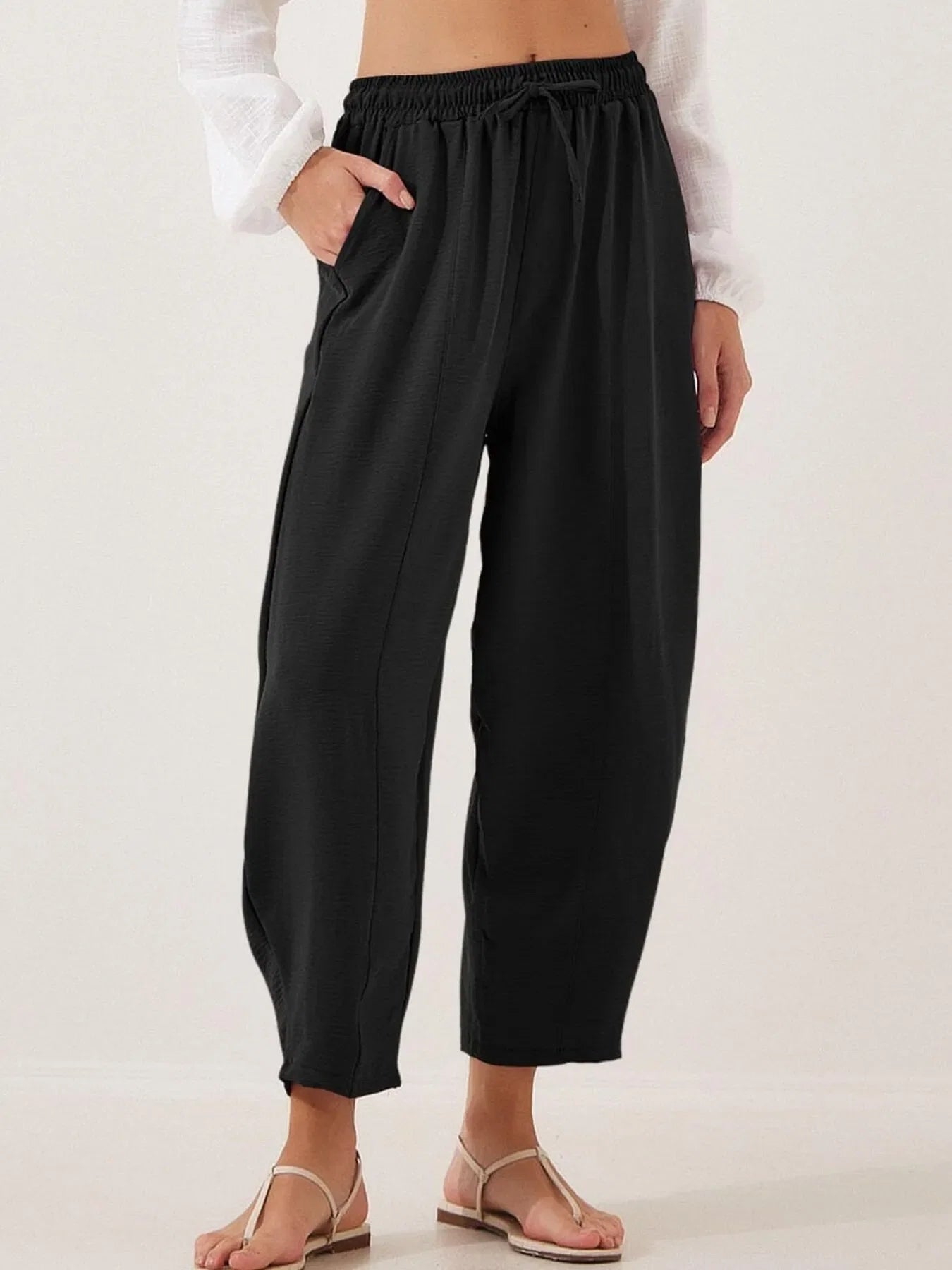 Full Size Drawstring Wide Leg Cropped Pants Plus Size