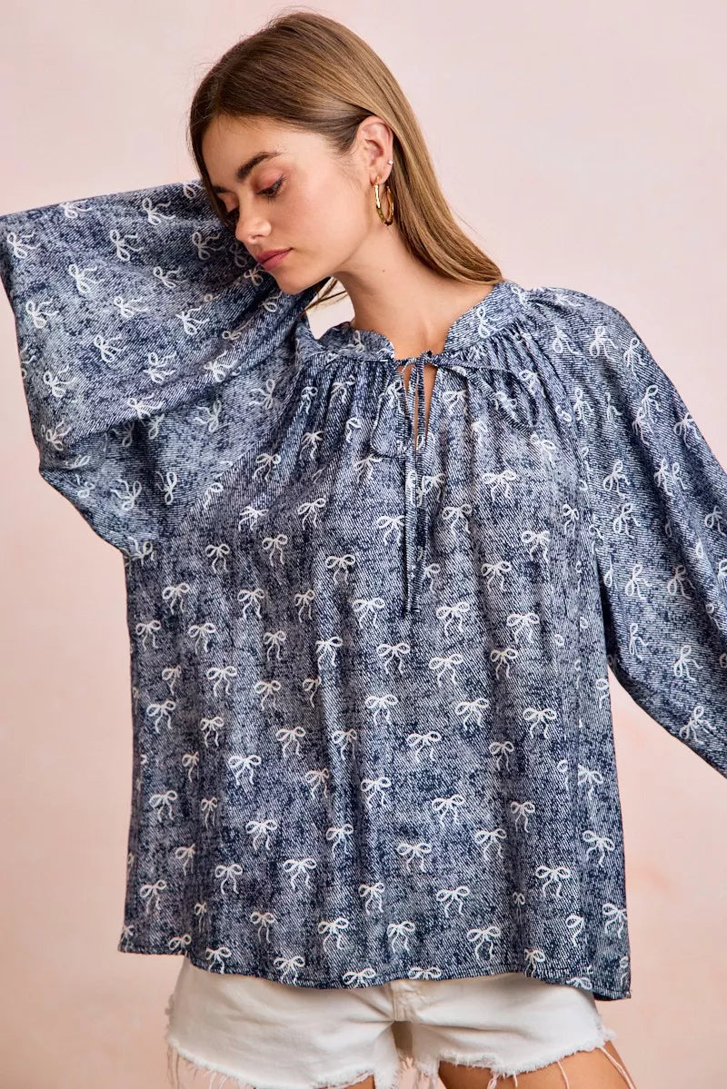 BiBi Ribbon Bow Print Exaggerated Balloon Sleeves Top