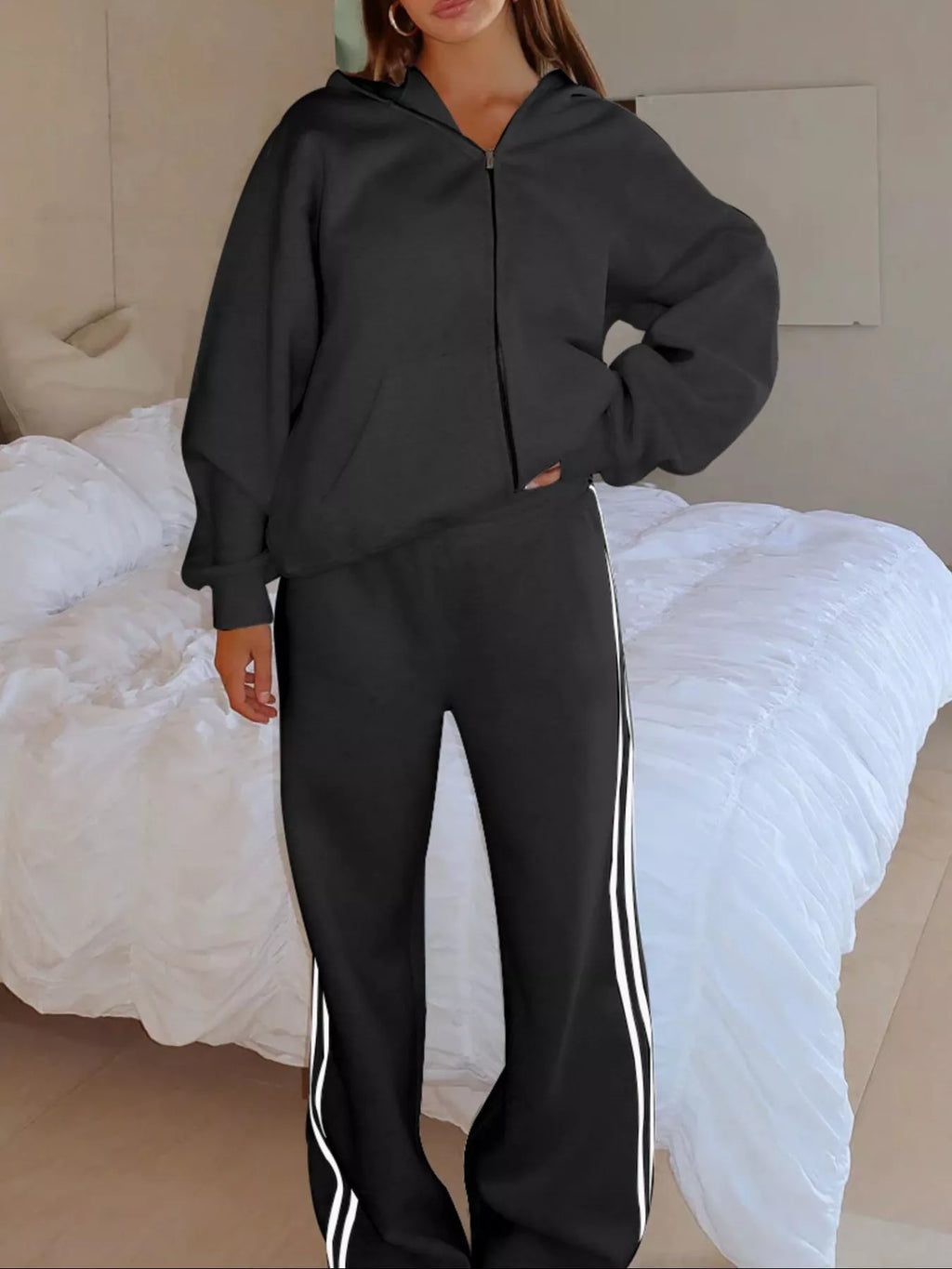 Zip Up Hoodie and Striped Pants Set
