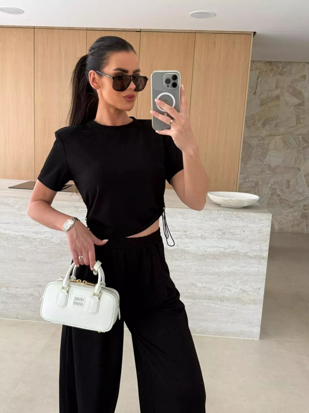Drawstring Crop Top and Wide-Leg Pants Set
