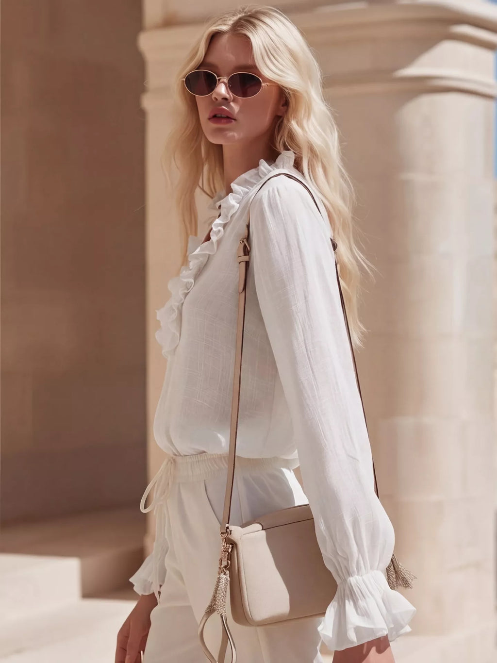 Ruffled V-Neck Long Sleeve Blouse