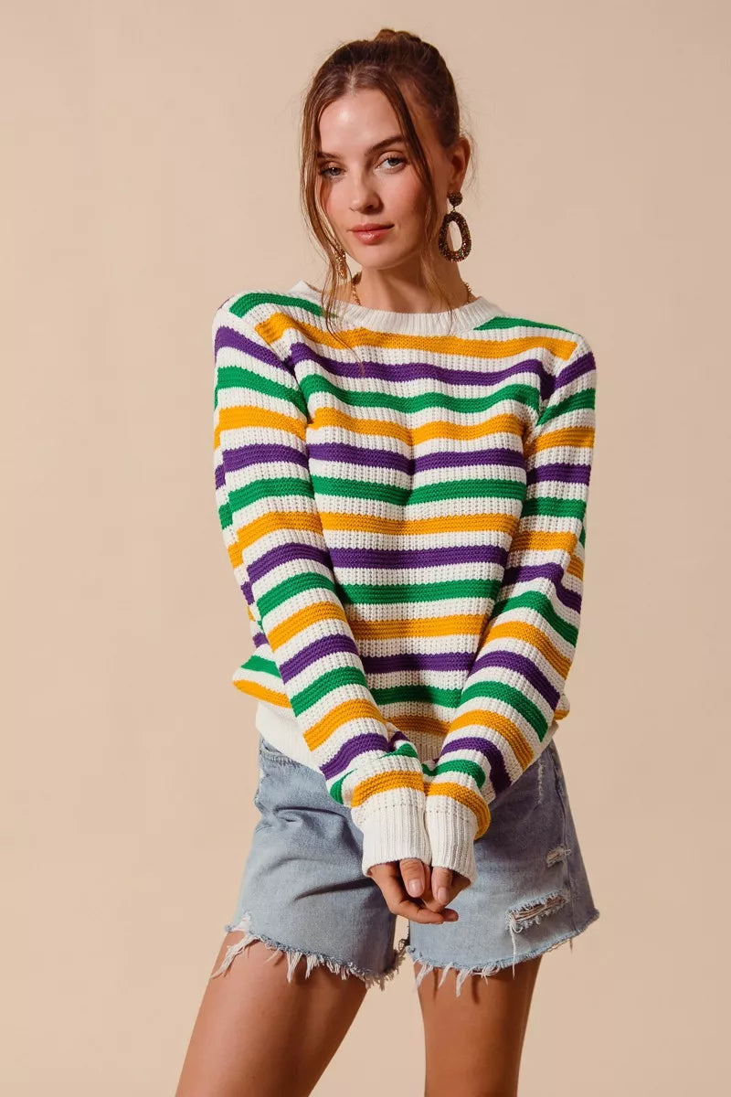 SO ME Mardi Gras Color Stripe Knit Sweater Top