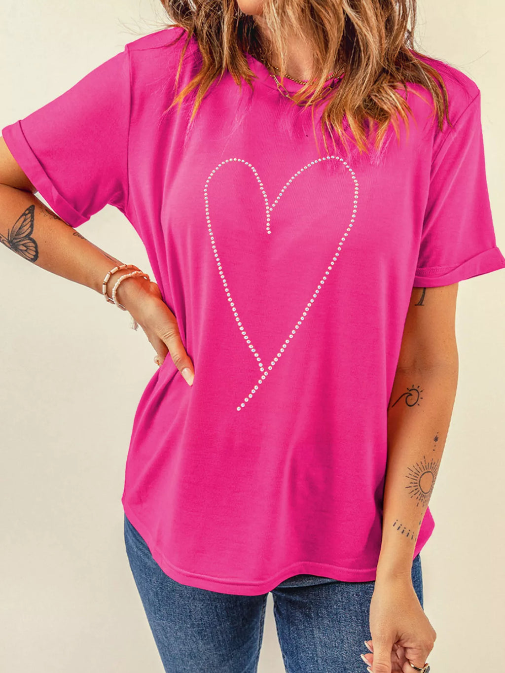 Rhinestone Heart Graphic Crew Neck Valentines Tee