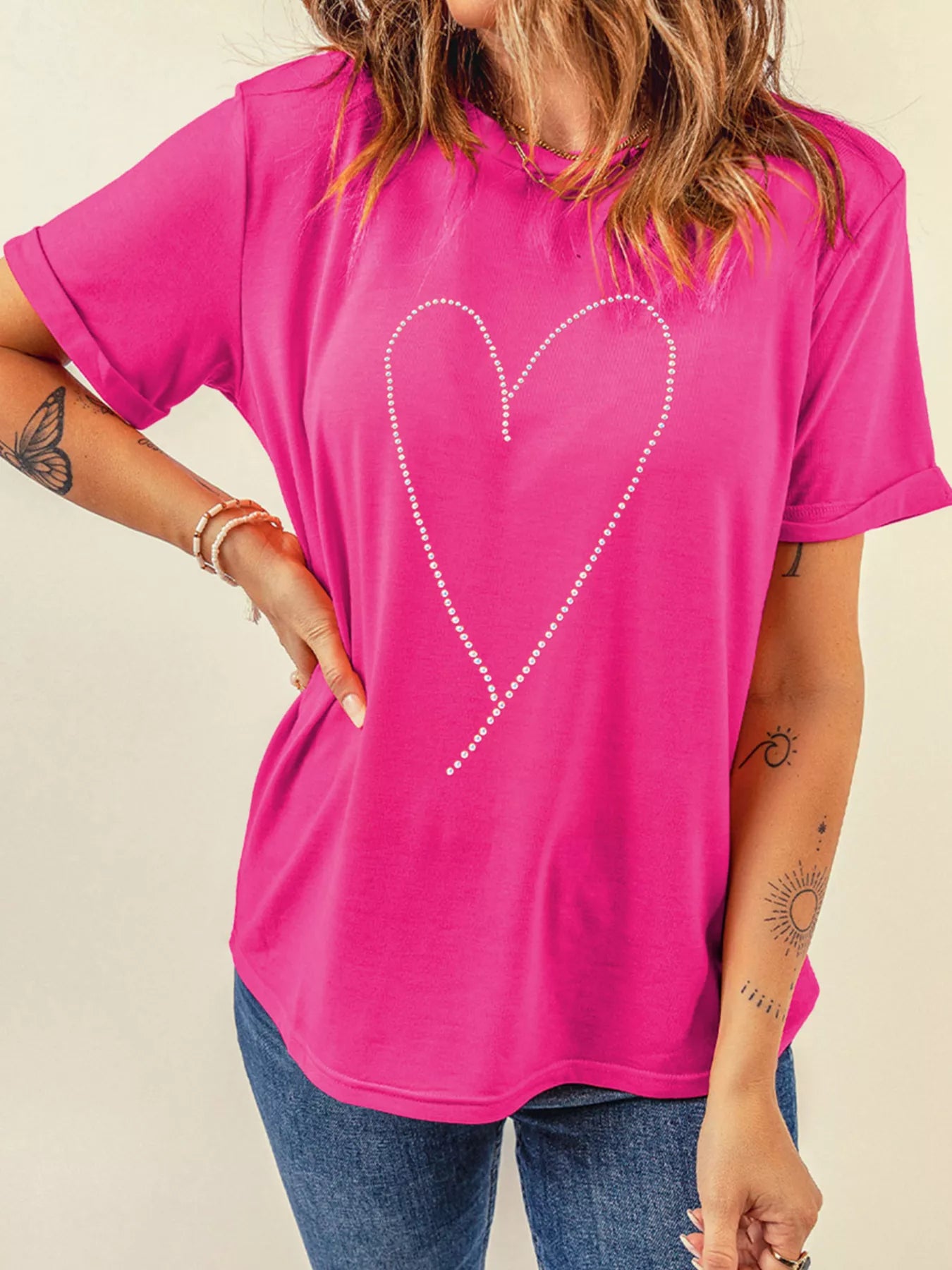 Rhinestone Heart Graphic Crew Neck Valentines Tee