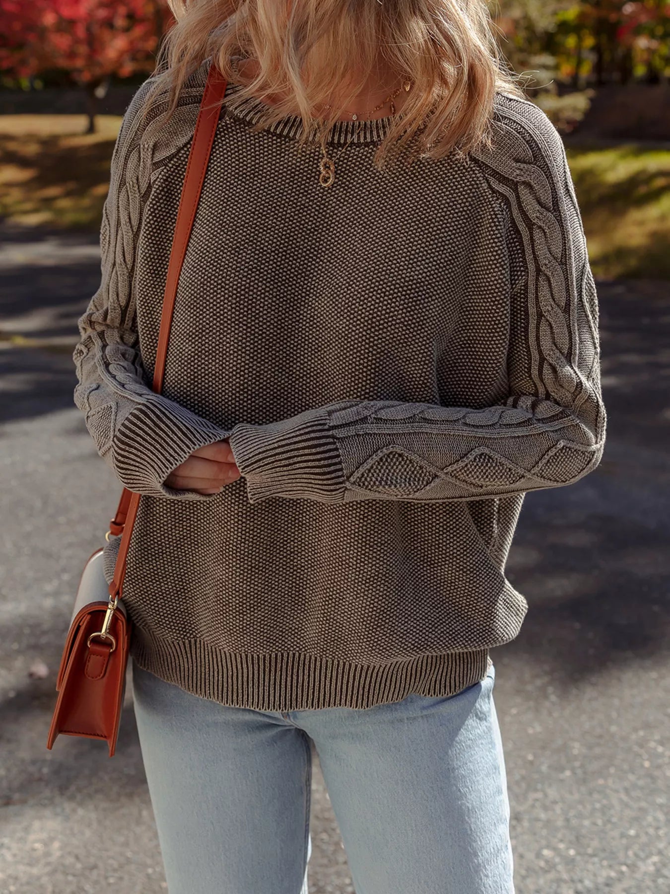 Contrast Cable Knit Sleeve Casual Sweater