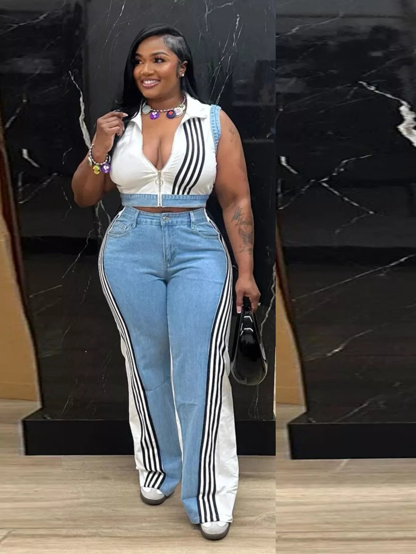 Zip Front Crop Top and Striped Pants Set