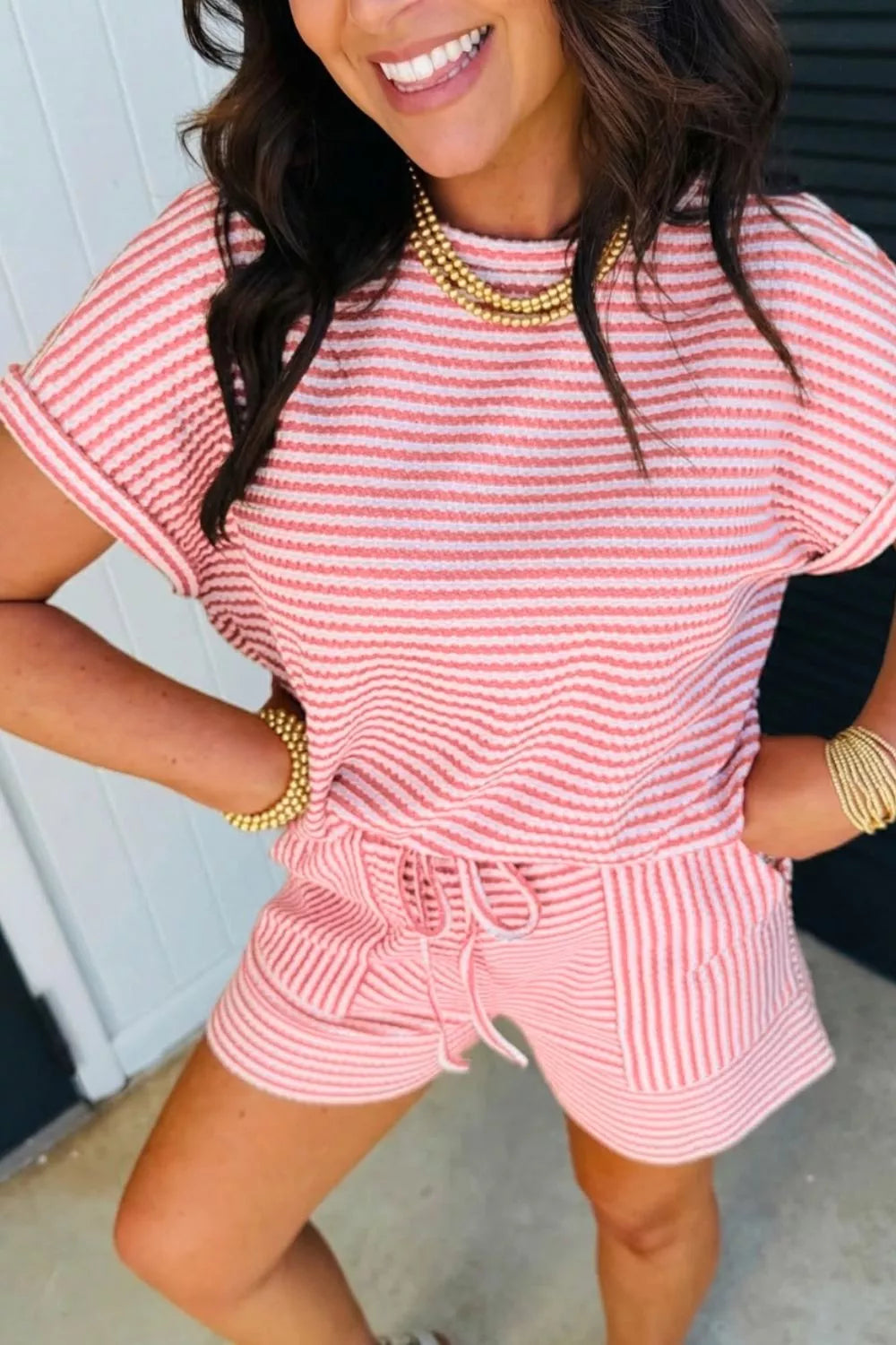 Stripe Breathable Textured Knit Short 2pcs Set