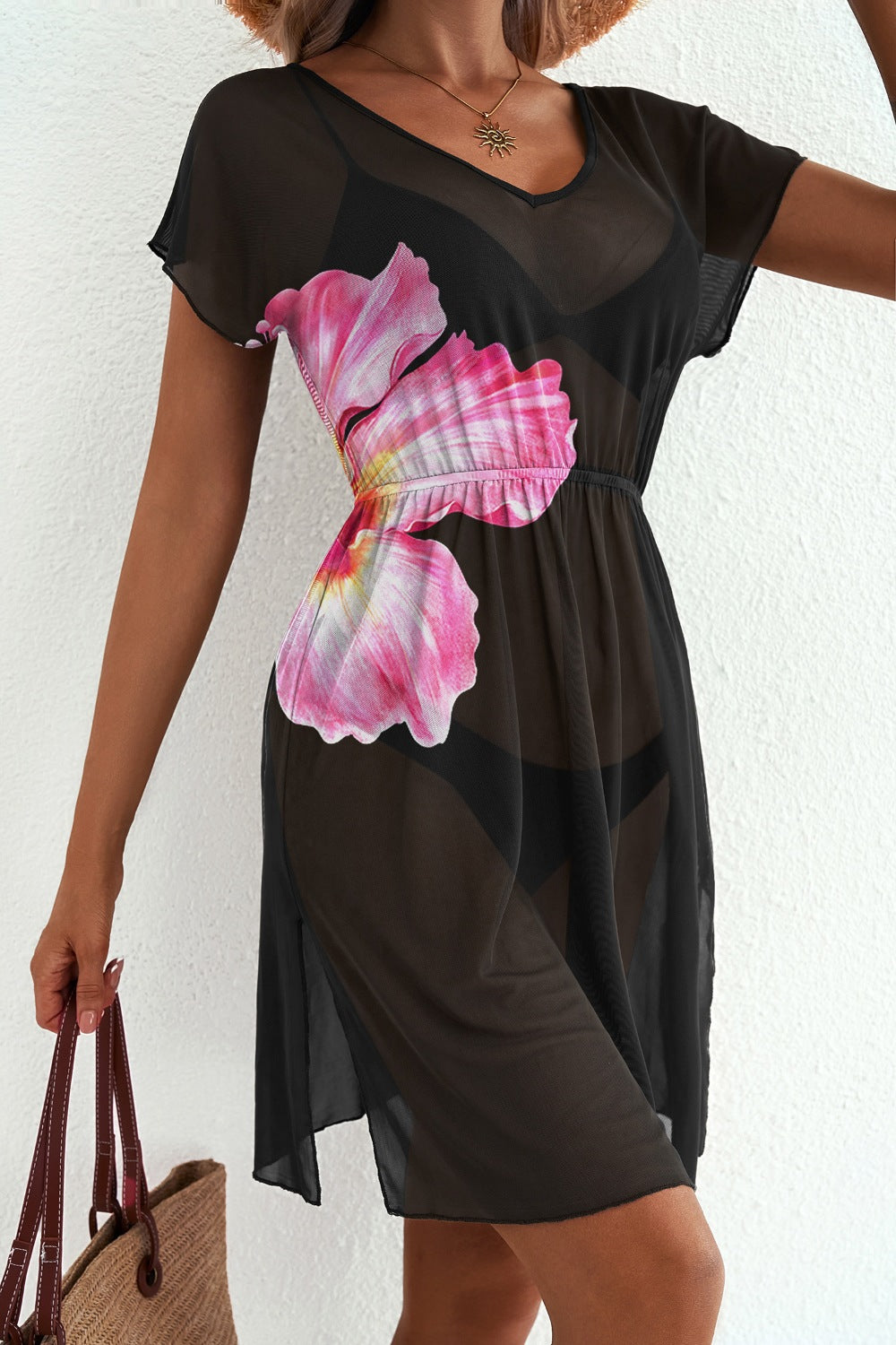 e Floral Print V Neck Semi Sheer Beach Cover Up Dress