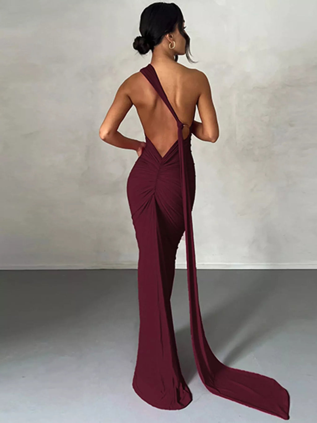 Backless One-Shoulder Ruched Bodycon Maxi Dress