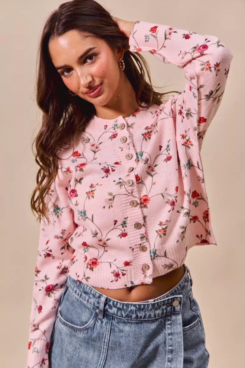 SO ME Floral Print Button Front Sweater Cardigan Top